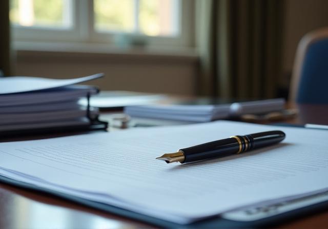 A professional desk with legal documents and a fountain pen