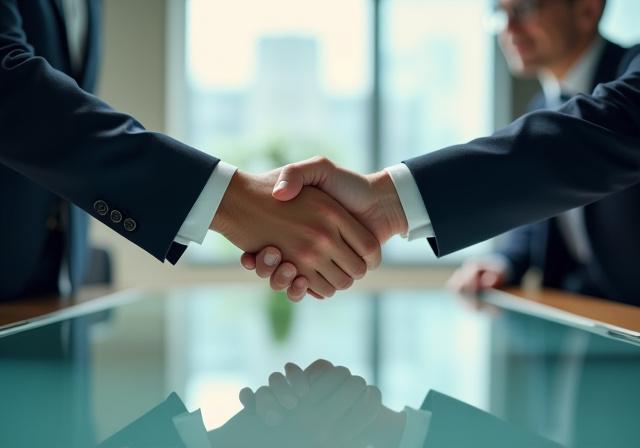Two business professionals shaking hands over a glass table