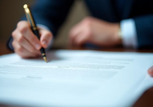 Close-up of a legal professional reviewing a contract with a gold fountain pen